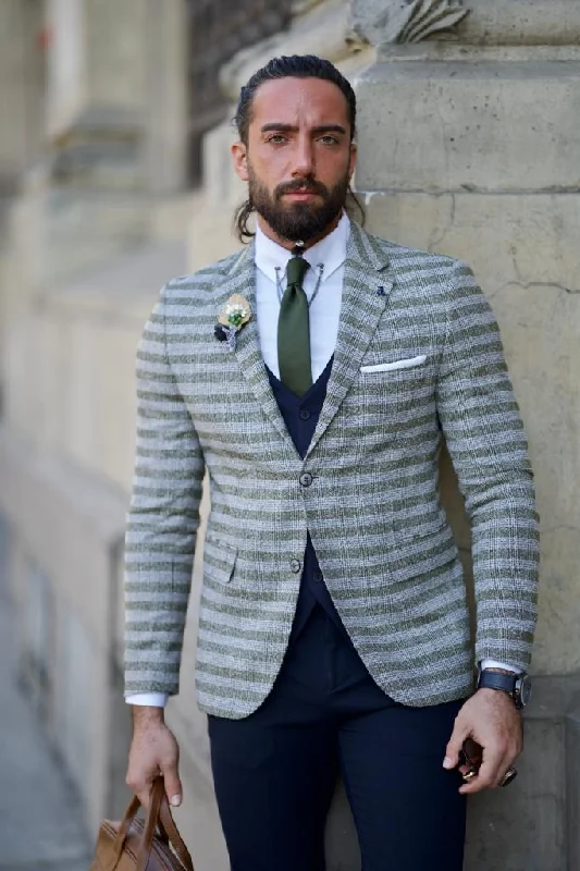 Fabio Green Slim Fit Notch Lapel Striped Blazer - A Touch of Elegance for Every Occasion Traditional Men's Wool Fabio Green Slim Fit Notch Lapel Striped Blazer - A Touch of Elegance for Every Occasion Traditional Men's Wool