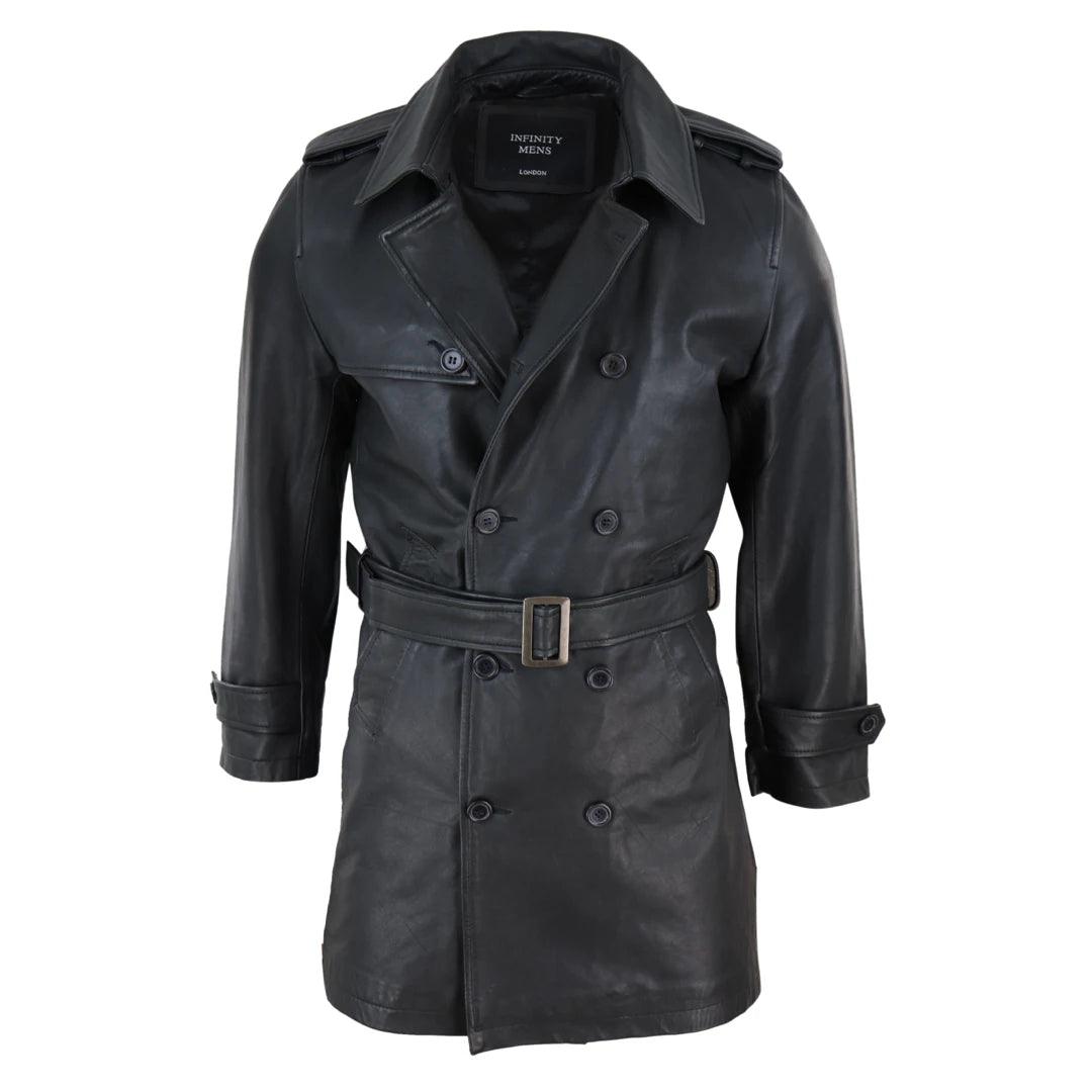 Mens Black 3/4 Trench Coat Real Leather Belted Jacket Classic Soft Napa Classic Youthful Men's Anime Mens Black 3/4 Trench Coat Real Leather Belted Jacket Classic Soft Napa Classic Youthful Men's Anime