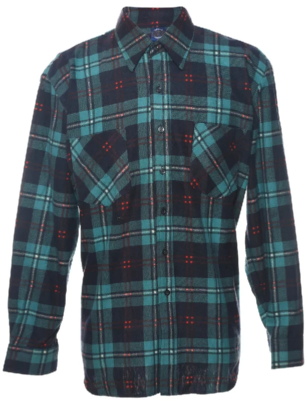 Long Sleeved Navy & Green Flannel Checked Shirt - L Bohemian Men's Free