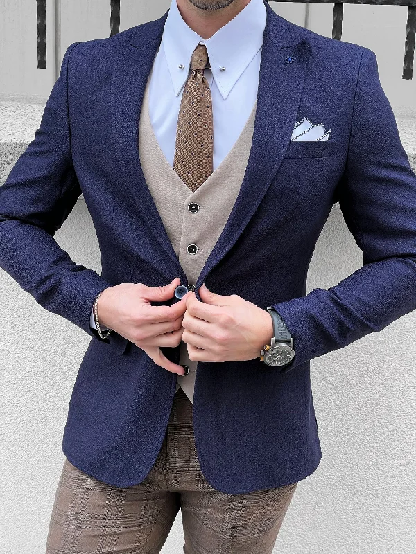 Eros Navy Blue Slim Fit Peak Lapel Wool Blazer Artistic Men's Avant