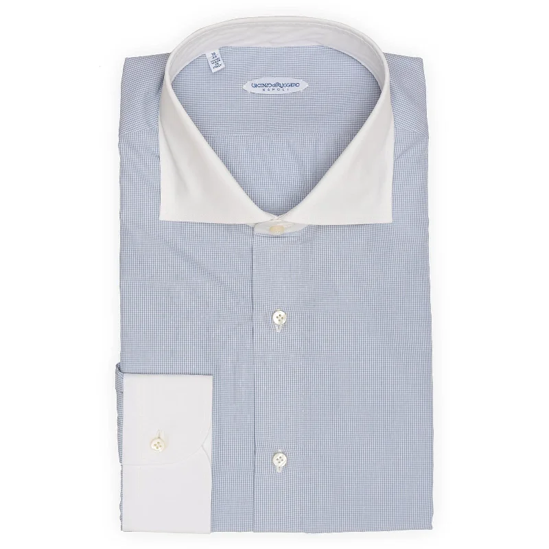 VINCENZO DI RUGGIERO Handmade Blue Windowpane Cotton Dress Shirt EU 46 NEW US 18 Polished Men's Satin VINCENZO DI RUGGIERO Handmade Blue Windowpane Cotton Dress Shirt EU 46 NEW US 18 Polished Men's Satin
