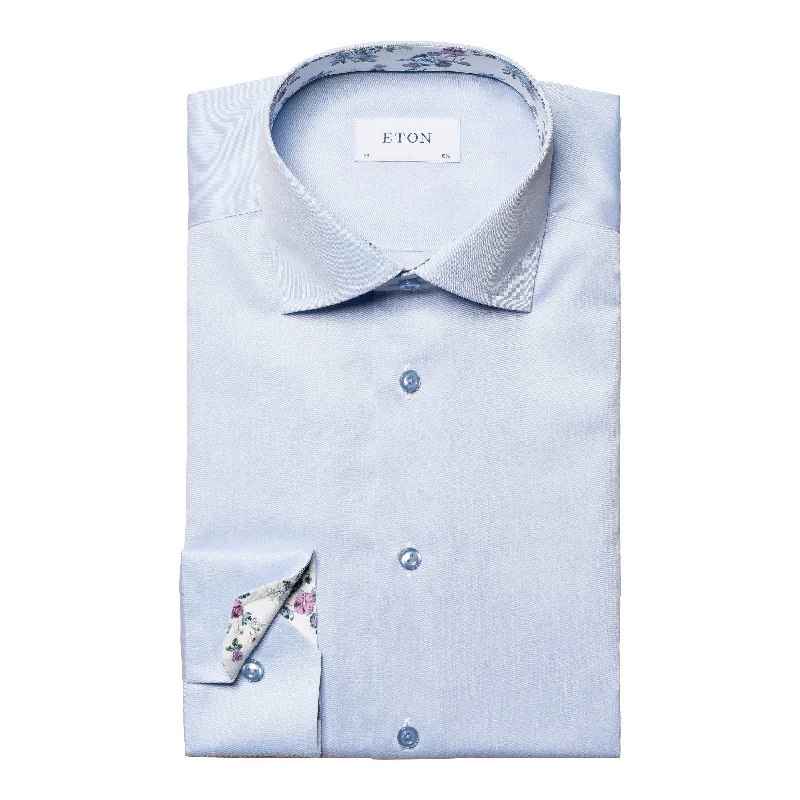 Blue Floral Print Effect Solid Signature Twill Slim Fit Shirt - ETON Modern Men's Tech Blue Floral Print Effect Solid Signature Twill Slim Fit Shirt - ETON Modern Men's Tech