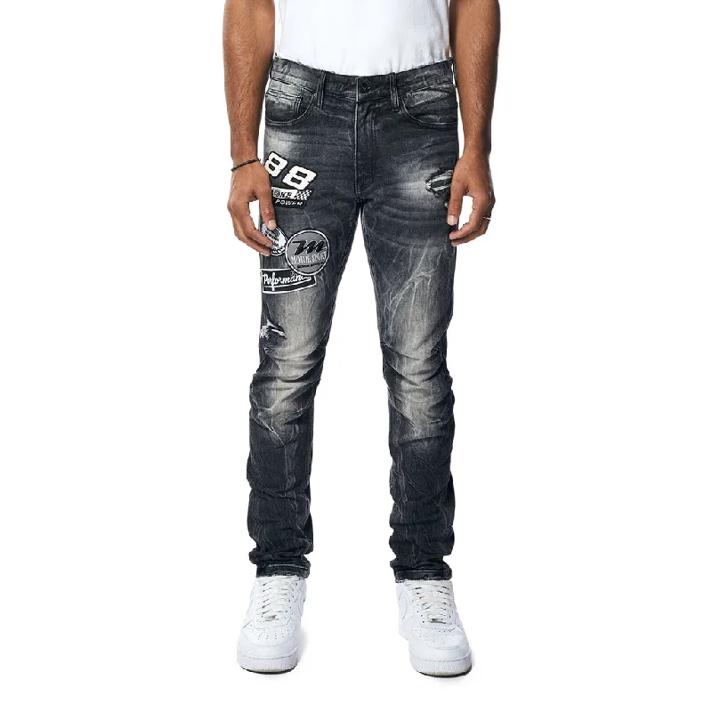 Slim Embroidered Patched Racing Jeans - Moon Black Vacation