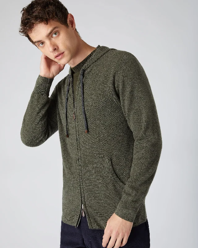 Men's Hooded Zipped Cashmere Top Moss Green Edgy Men's Punk