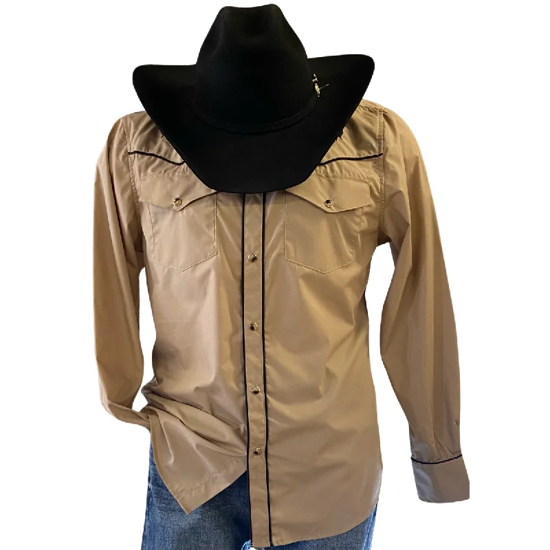 Men's Khaki Horse Embroidery Western Shirt Polished Men's Satin