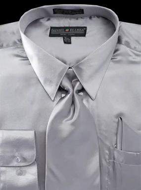 Satin Dress Shirt Convertible Cuff Regular Fit in Silver With Tie And Pocket Square Stylish Men's Tropical Satin Dress Shirt Convertible Cuff Regular Fit in Silver With Tie And Pocket Square Stylish Men's Tropical