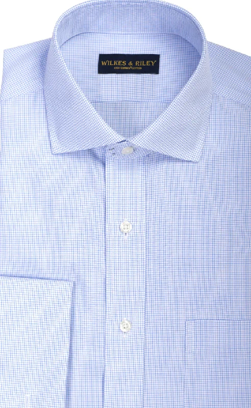 Classic Fit Non Iron Blue Micro Check English Spread Collar French Cuff Supima® Cotton Dress Shirt Hip Men's Retro Classic Fit Non Iron Blue Micro Check English Spread Collar French Cuff Supima® Cotton Dress Shirt Hip Men's Retro