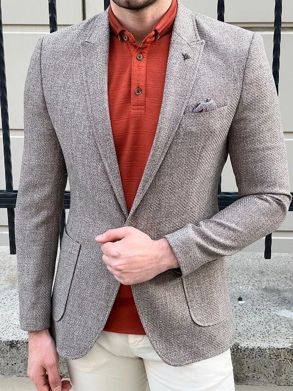 Rockford Dark Beige Slim Fit Peak Lapel Wool Blazer - The Perfect Blend of Style and Comfort Earthy Men's Hemp Rockford Dark Beige Slim Fit Peak Lapel Wool Blazer - The Perfect Blend of Style and Comfort Earthy Men's Hemp