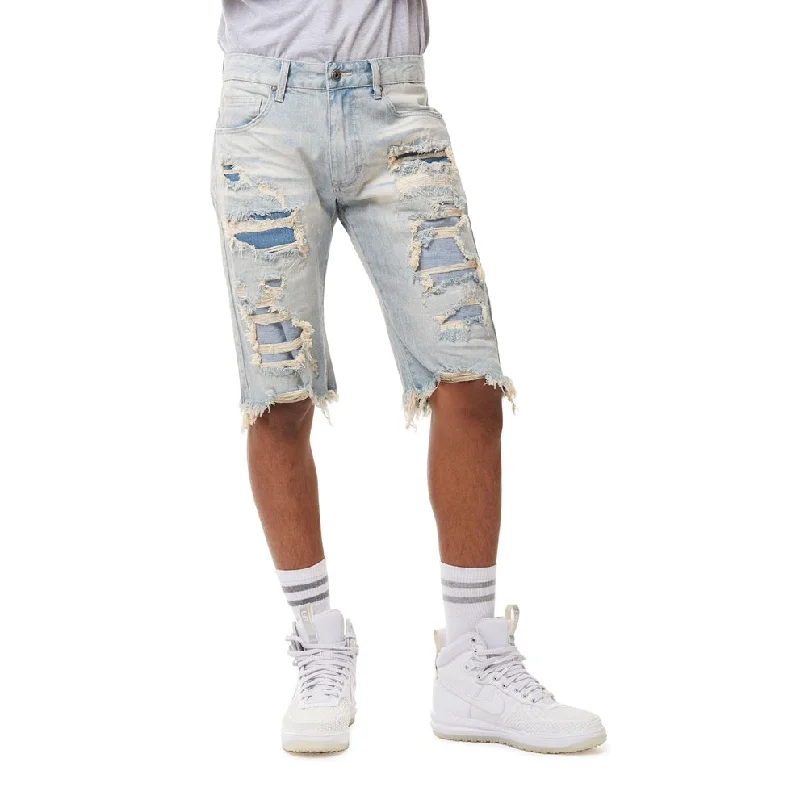 12" Slim Distressed Rip & Repair Jean Shorts - Alpine Blue Casual Men's Japanese 