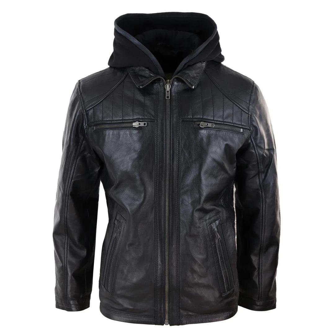 Mens Black Hoodie Real Leather Jacket Casual Removable Hood Zip Napa Vacation