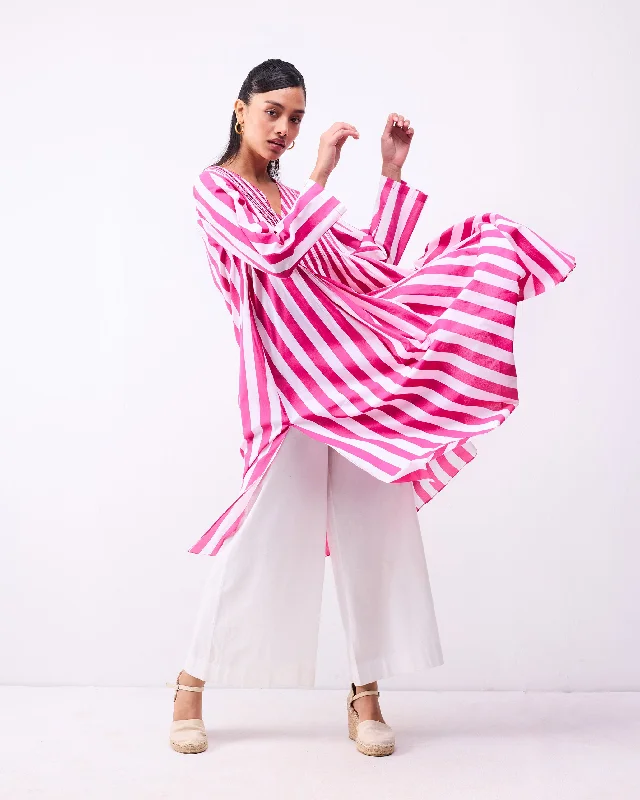 Pintuck Kurta - Fuchsia & White Stripes Artistic Men's Hand