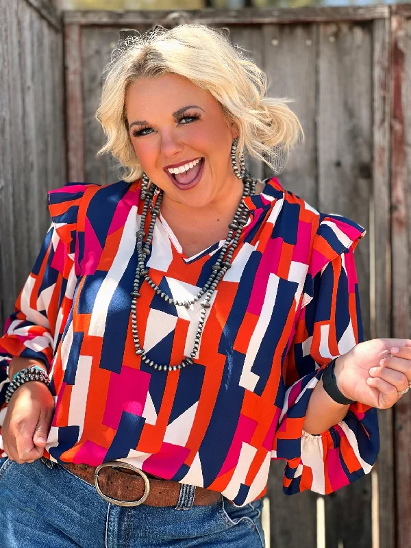 Holly Geometric Navy V-Neck Blouse Vacation