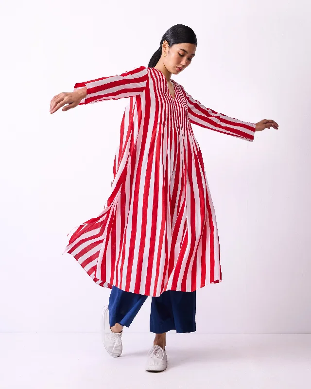 Pintuck Kurta - Red & White Stripes Tough Men's Military