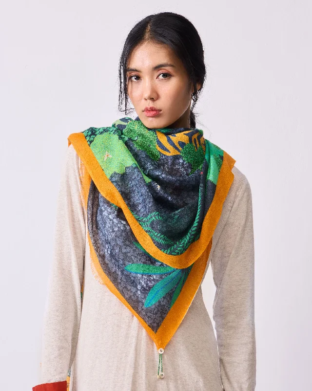 Midnight Forest Scarf - Grey & Green Print Elegant Men's Cashmere
