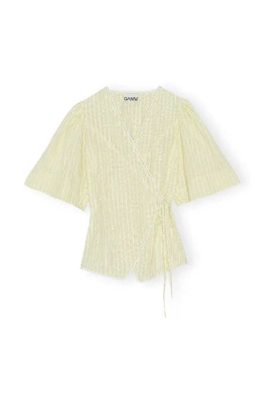 Light Seersucker Stripe Wrap Blouse - Stripe Flan Preppy Men's College