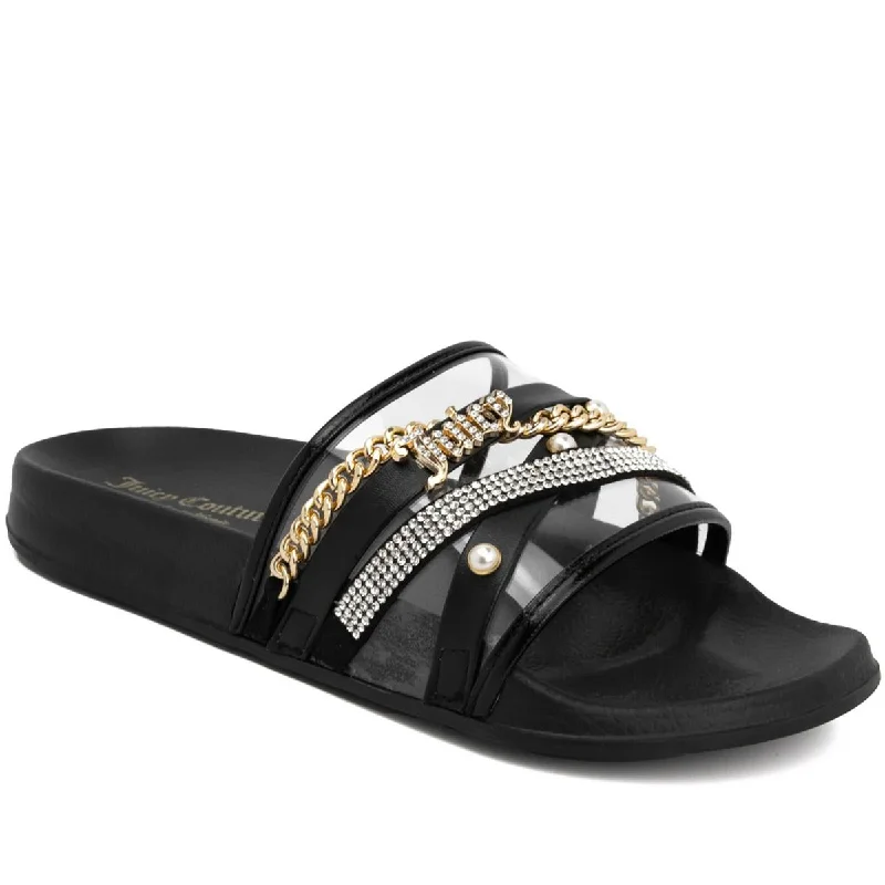 Juicy Couture Womens STYX Faux Leather Embellished Slide Sandals