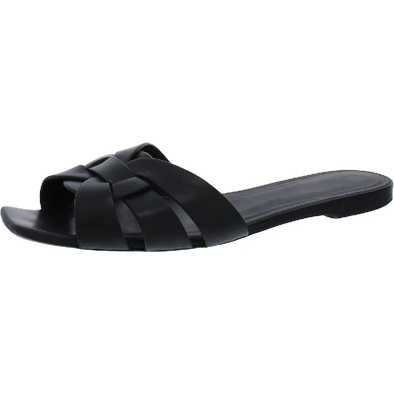 Saint Laurent Womens Leather Peep-Toe Slide Sandals