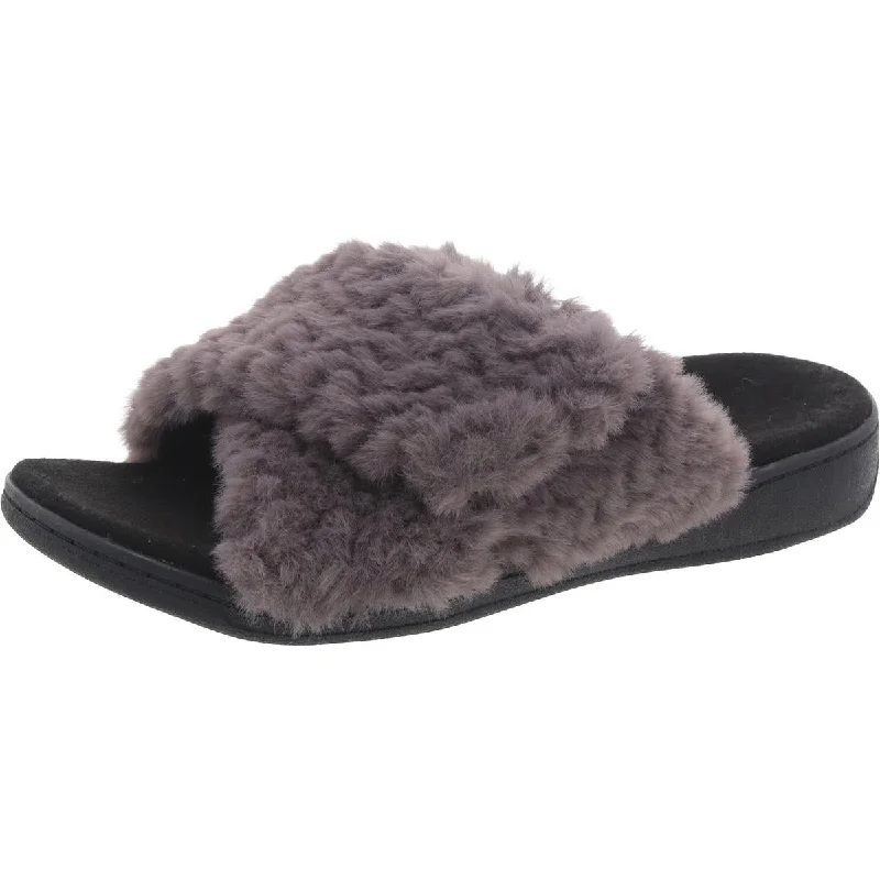 Vionic Womens Relax II Faux Fur Flat Slide Sandals