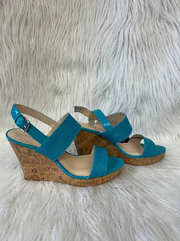 Blue & Tan Sandals Heels Wedge Nine West, Size 10.5