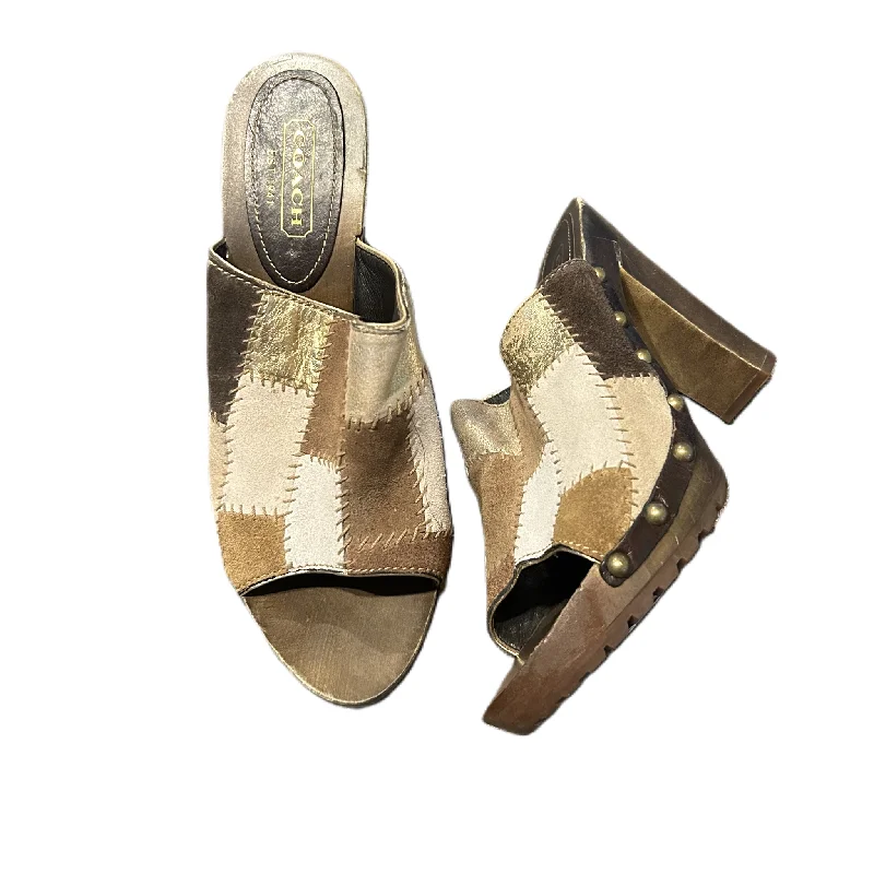 Brown & Cream Sandals Heels Block By Coach, Size: 8.5