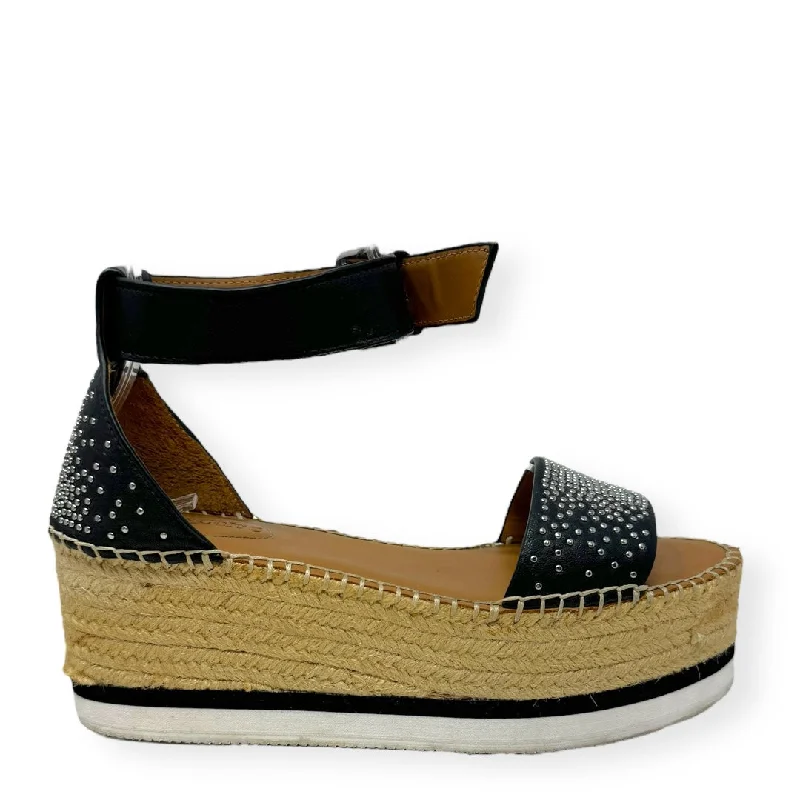 Glyn Studded Leather Flatform Espadrilles in Black Luxury Designer See By Chloe, Size 7 (37)