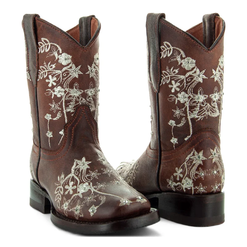 Soto Boots K3010 Girls Brown Embroidered Square Toe Cowboy Boots