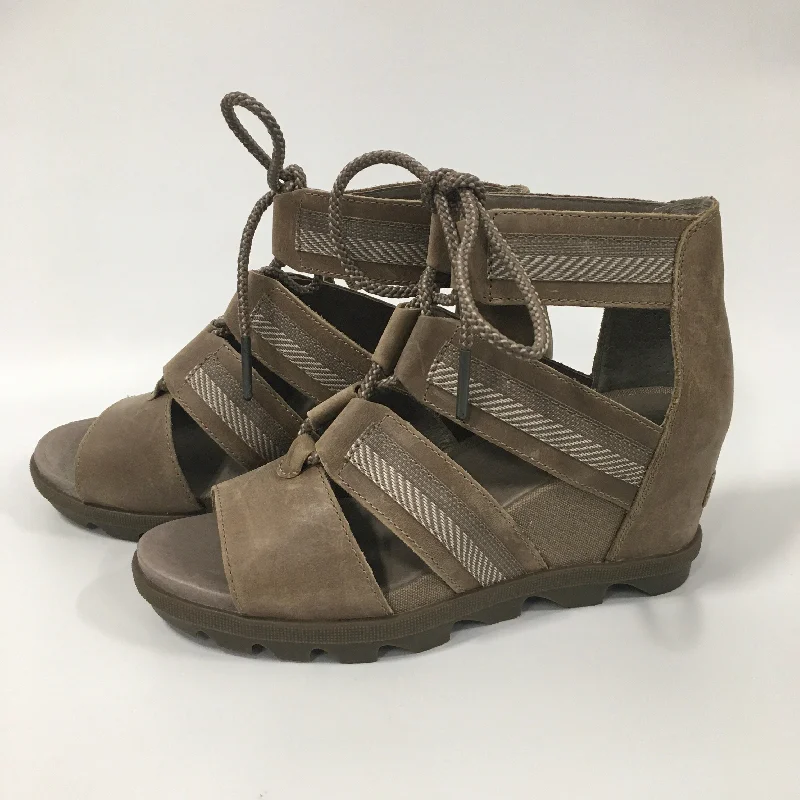 Tan Sandals Heels Wedge Sorel, Size 8