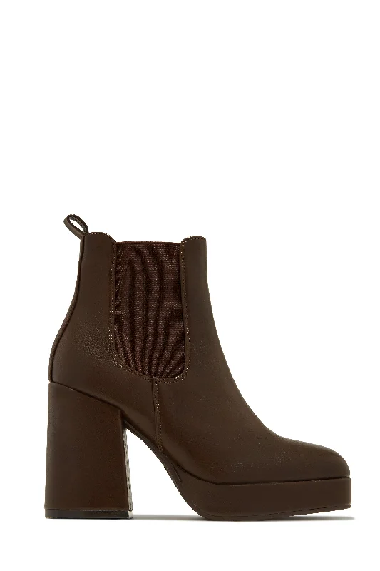 Arya Platform Block Heel Ankle Boots - Brown British Gentleman Oxford Style  