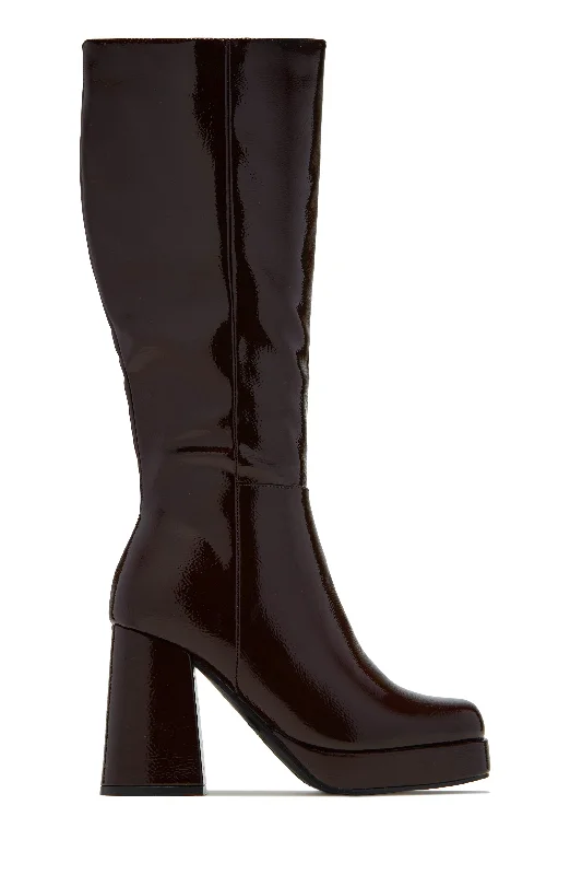 Kami Platform Block Heel Boots - Brown Tailored Oxford Style 