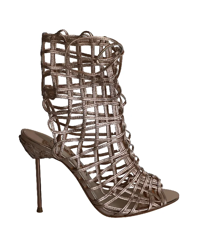 Sophia Webster Delphine Metallic Cage Lace-up Sandals in Gold Leather Bespoke Shoe Aesthetic 