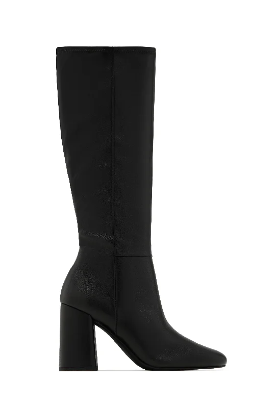 Viri Block Heel Knee High Boots - Black Upcycled Shoe Look  