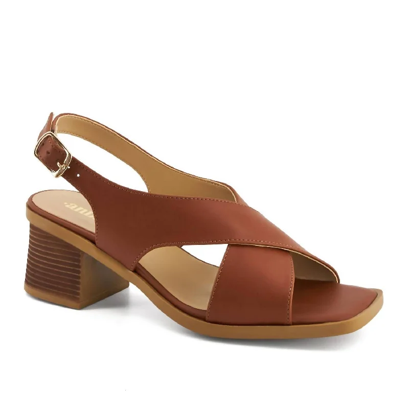 Women's Medium Heel Crossed Strap Sandal In Brown Artisan - Crafted Loafer Style  