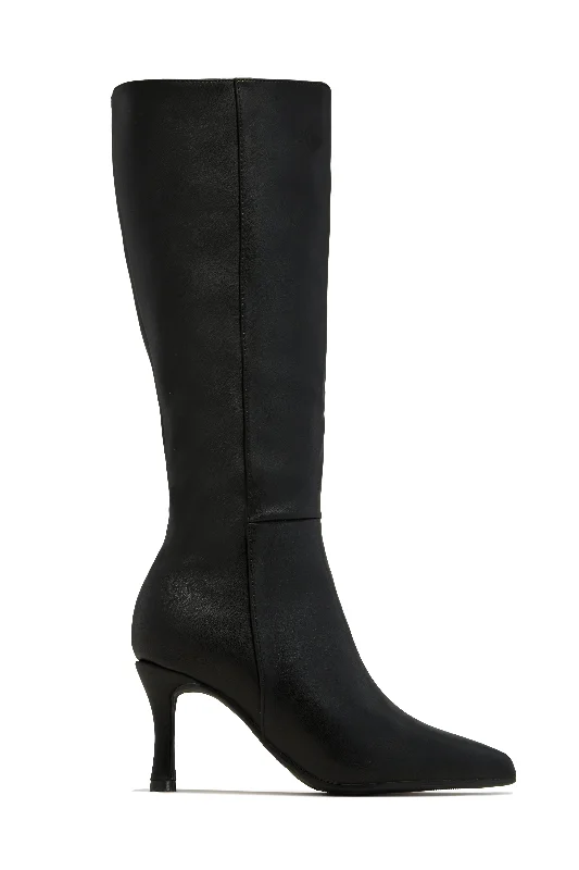Zama Knee High Heel Boots - Black Wingtip Oxford Design 